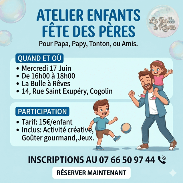 Atelier Fête des Pères à 
"La Bulle à Rêves" à Cogolin
le mercredi 17 juin